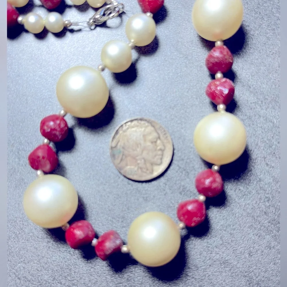 Vintage 1950’s Necklace Faux Pearl & Cranberry Colored Beads